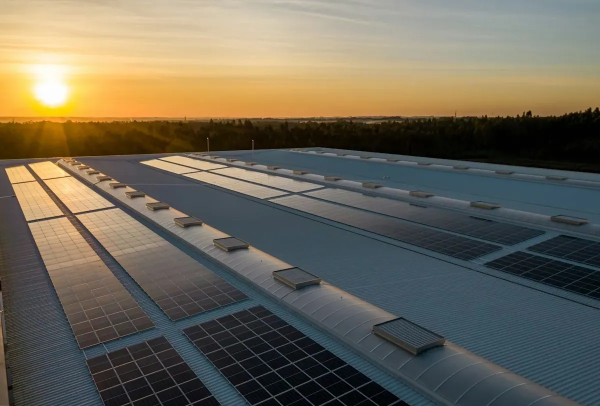 Rooftop solar panels in the warm light of sunset.