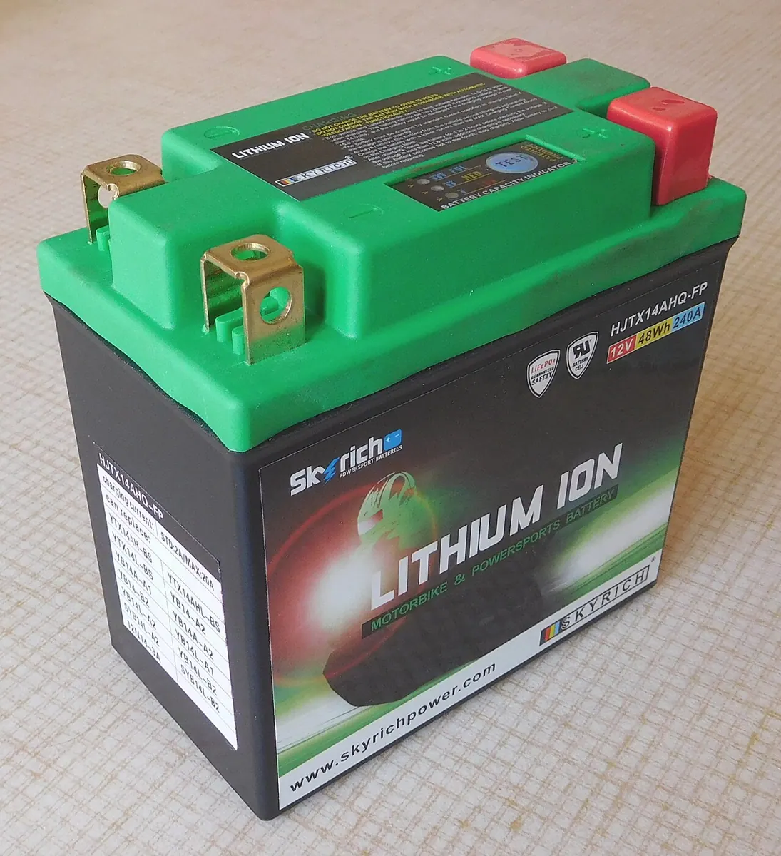 A compact lithium iron phosphate battery with positive and negative terminals.