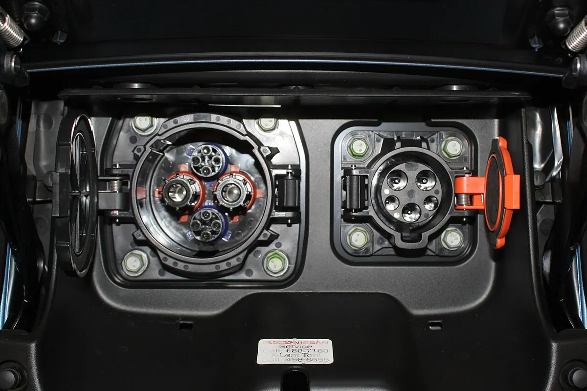 The charging ports of a Nissan Leaf electric car.