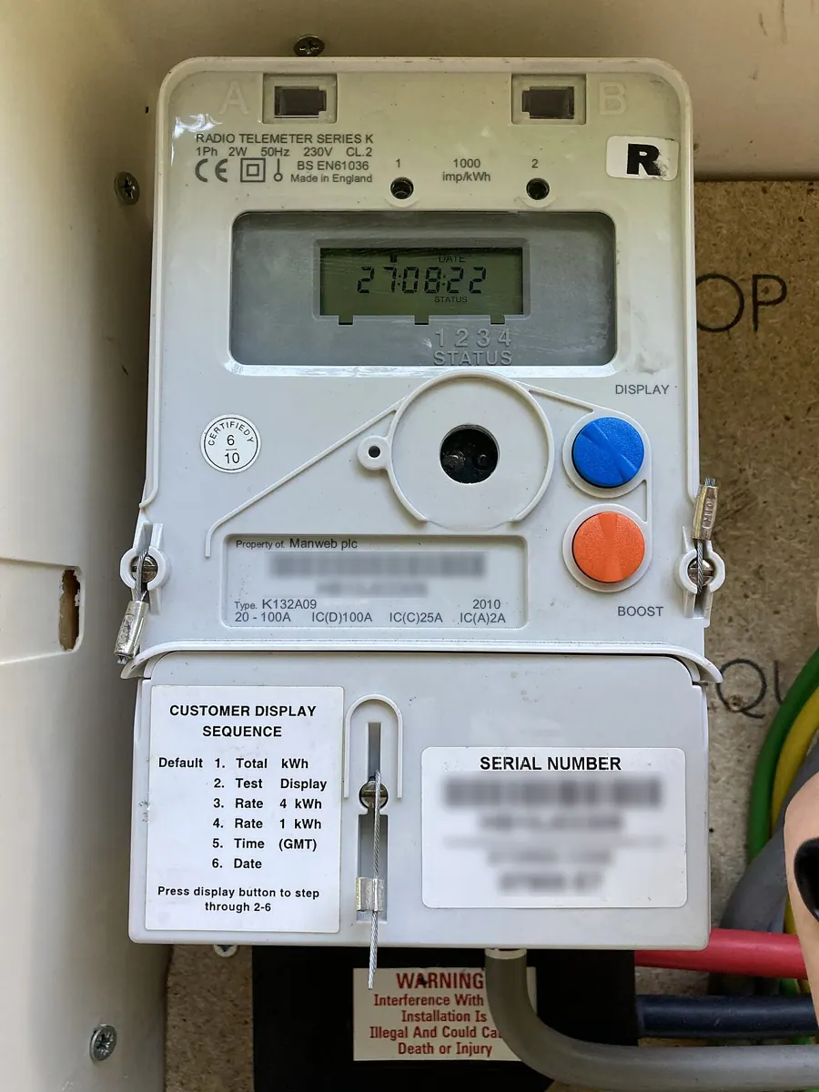 A digital Economy 7 electricity meter with a tariff display.