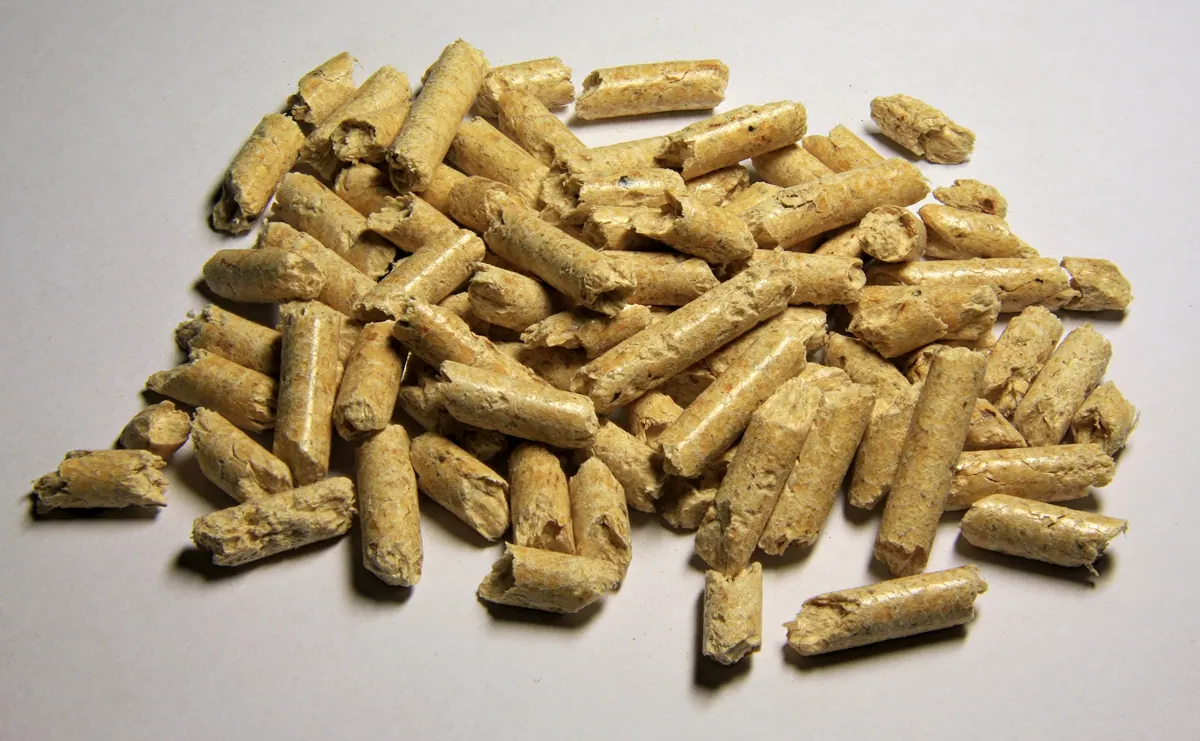 A pile of compressed wood pellets used as biomass fuel.