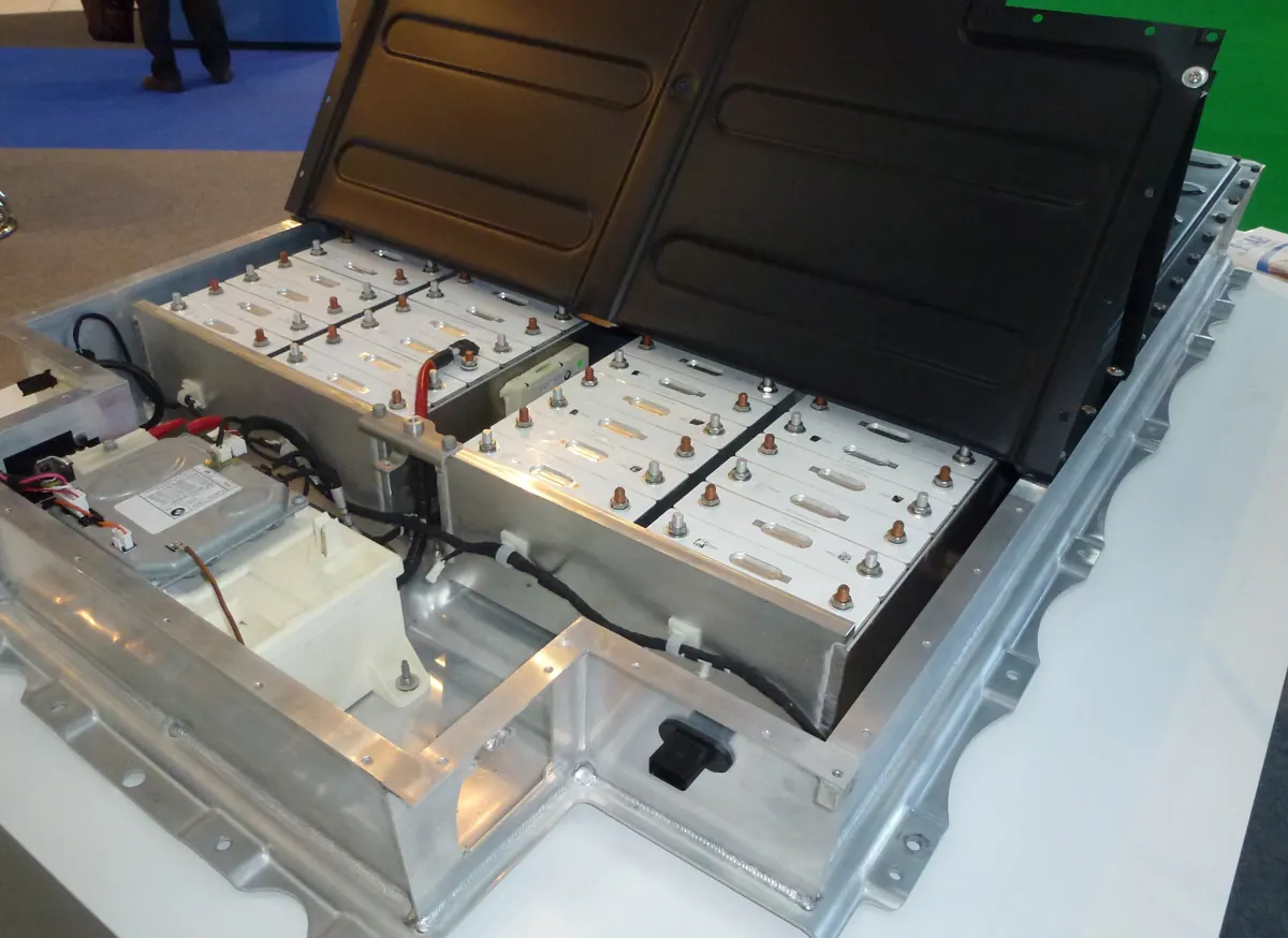 The exposed battery pack of a BMW i3 electric vehicle.