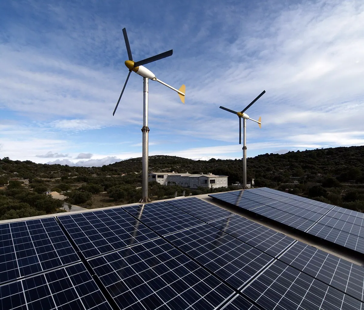 A hybrid wind turbine and solar panel installation on the Croatian island of Zirje.